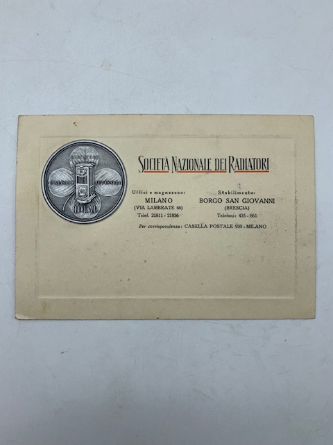 Società nazionale dei radiatori (cartoncino pubblicitario con logo)